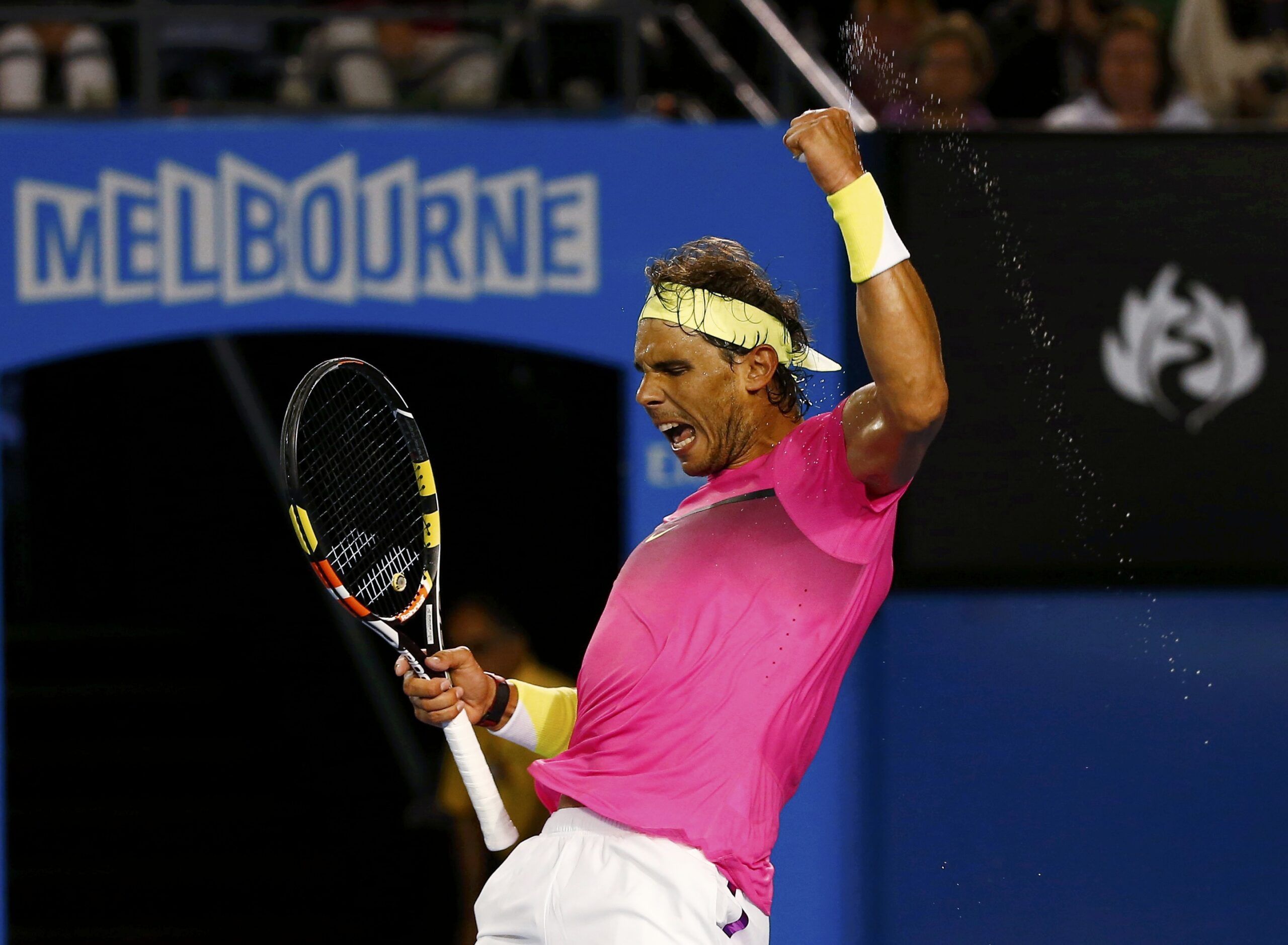 Rafael Nadal of Spain celebrates after defeating Dudi Sela of Israel in their men's singles third round match at the Australian Open 2015 tennis tournament in Melbourne