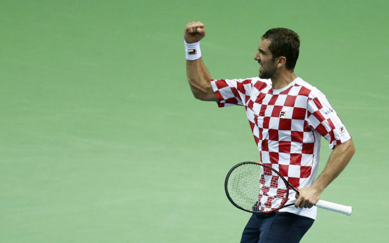 Croatia's Marin Cilic reacts during their Davis Cup semifinal tennis match against France's Lucas Pouille, in Zadar, Croatia, Friday, Sept. 16, 2016. (AP Photo/Darko Bandic)