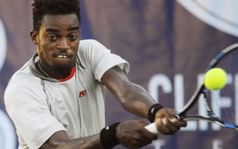 Darian King, from Barbados, competes against Ryan Harrison, from the United States, during the USTA Men�s Challenger Professional Tournament, at In-Shape Rancho Solano on Monday. (Robinson Kuntz/Daily Republic)