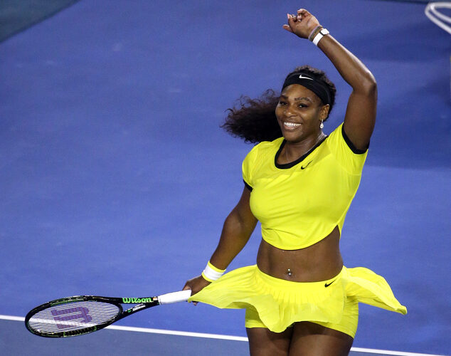 Serena Williams of the United States celebrates after defeating Agnieszka Radwanska of Poland during their semifinal match at the Australian Open tennis championships in Melbourne, Australia, Thursday, Jan. 28, 2016.(AP Photo/Rick Rycroft)