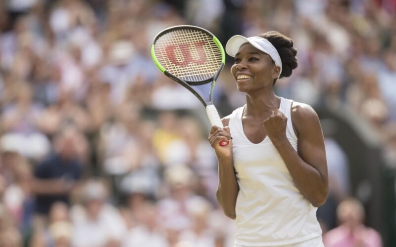 Jul 13, 2017; London, United Kingdom; Venus Williams (USA) celebrates match point during her match against Johanna Konta (GBR) on day ten at the All England Lawn Tennis and Croquet Club. Mandatory Credit: Susan Mullane-USA TODAY Sports ORG XMIT: USATSI-358065 ORIG FILE ID:  20170713_jel_au2_041.jpg
