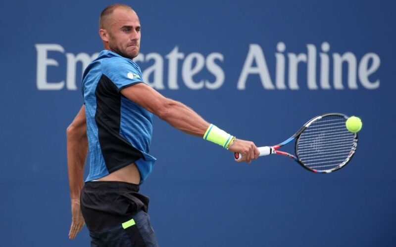 Aug 28, 2017; New York, NY, USA; Marius Copil of Romania returns a shot to Jo-Wilfried Tsonga of France on day one of the U.S. Open tennis tournament at USTA Billie Jean King National Tennis Center. Mandatory Credit: Jerry Lai-USA TODAY Sports