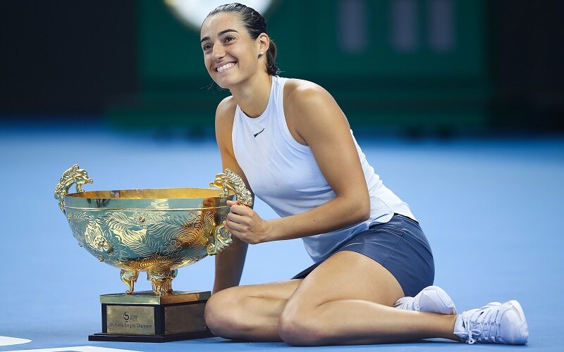 BEIJING, CHINA - OCTOBER 08:  Caroline Garcia of France poses with the winners trophy after winning the Women's Singles final against Simona Halep of Romania on day nine of the 2016 China Open at the China National Tennis Centre on October 8, 2017 in Beijing, China.  (Photo by Lintao Zhang/Getty Images)
