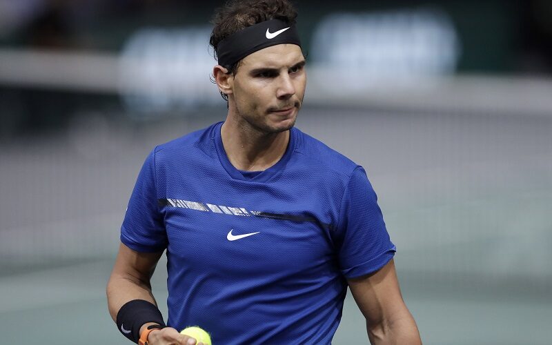 Spain's Rafael Nadal looks on as he plays against Uruguay's Pablo Cuevas during the 1/8 round at the ATP World Tour Masters 1000 indoor tennis tournament on November 2, 2017 in Paris.
Nadal won the match 6-3, 6-7 and 6-3. / AFP PHOTO / Thomas SAMSON        (Photo credit should read THOMAS SAMSON/AFP/Getty Images)