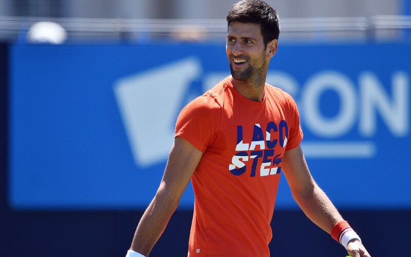 Serbia's Novak Djokovic practices ahead of his men's singles tennis match at the the ATP Aegon International tennis tournament in Eastbourne, southern England, on June 26, 2017. / AFP PHOTO / GLYN KIRK        (Photo credit should read GLYN KIRK/AFP/Getty Images)