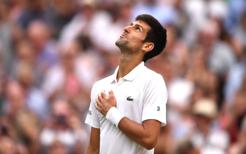 Novak Djokovic SRB v Rafael Nadal ESP in the semi final of the Gentlemen’s Singles on Centre Court. The Championships 2018. Held at The All England Lawn Tennis Club, Wimbledon. Day 12 Saturday 14/07/2018. Credit: AELTC/Joel Marklund