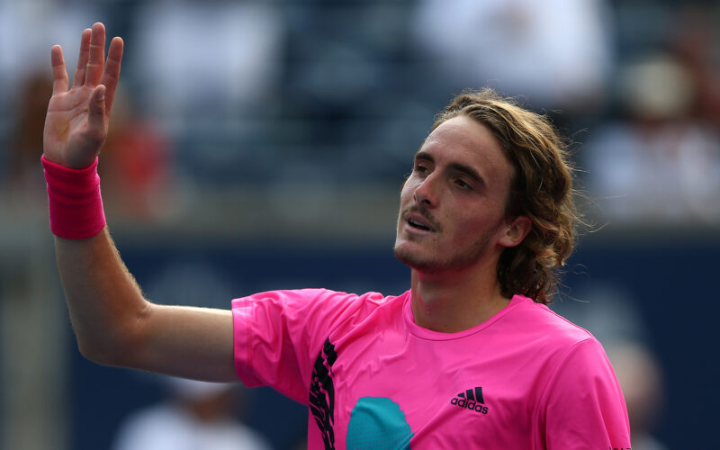 TORONTO, ON - AUGUST 09:  Stefanos Tsitsipas of Greece celebrates his victory over Novak Djokovic of Serbia during a 3rd round match on Day 4 of the Rogers Cup at Aviva Centre on August 9, 2018 in Toronto, Canada.  (Photo by Vaughn Ridley/Getty Images)