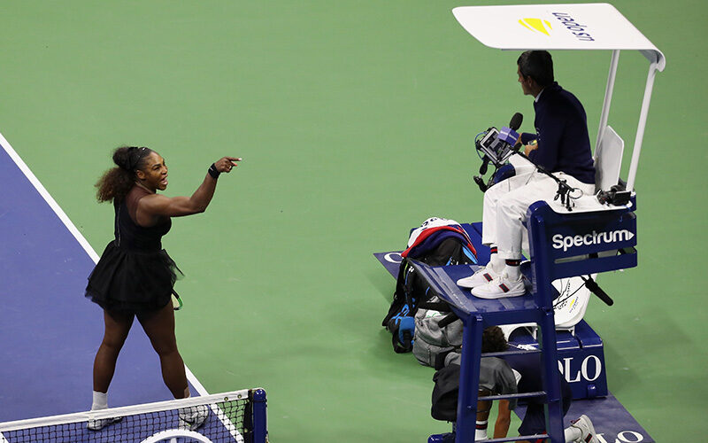 NEW YORK, NY - SEPTEMBER 08:  Serena Williams of the United States argues with umpire Carlos Ramos during her Women's Singles finals match against Naomi Osaka of Japan on Day Thirteen of the 2018 US Open at the USTA Billie Jean King National Tennis Center on September 8, 2018 in the Flushing neighborhood of the Queens borough of New York City.  (Photo by Mike Stobe/Getty Images for USTA)