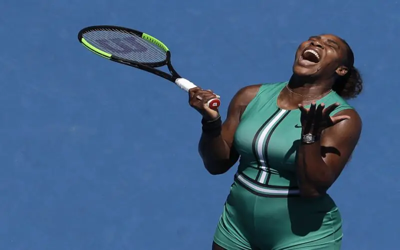 United States' Serena Williams reacts after losing a point to Karolina Pliskova of the Czech Republic during their quarterfinal match at the Australian Open tennis championships in Melbourne, Australia, Wednesday, Jan. 23, 2019. (AP Photo/Mark Schiefelbein)
