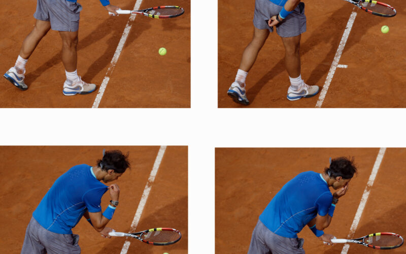 In this four pictures combo Spain's Rafael Nadal prepares to serve the ball during his final match against Serbia's Novak Djokovic at the Italian open tennis tournament in Rome, Sunday, May 18, 2014. Novak Djokovic extended his recent dominance over Rafael Nadal by rallying for a 4-6, 6-3, 6-3 victory Sunday to win the Italian Open for the third time. (AP Photo/Gregorio Borgia) ORG XMIT: GB136
