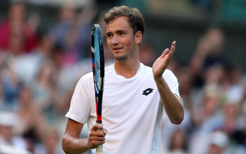 Daniil Medvedev following his victory over Stan Wawrinka day one of the Wimbledon Championships at The All England Lawn Tennis and Croquet Club, Wimbledon. PRESS ASSOCIATION Photo. Picture date: Monday July 3, 2017. See PA story TENNIS Wimbledon. Photo credit should read: Steven Paston/PA Wire. RESTRICTIONS: Editorial use only. No commercial use without prior written consent of the AELTC. Still image use only - no moving images to emulate broadcast. No superimposing or removal of sponsor/ad logos.