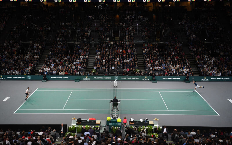General view of the men's singles semi-final tennis match between Serbia's Novak Djokovic (R) and Switzerland's Roger Federer, on day six of the ATP World Tour Masters 1000 - Rolex Paris Masters - indoor tennis tournament at The AccorHotels Arena in Paris, on November 3, 2018. (Photo by Christophe ARCHAMBAULT / AFP)        (Photo credit should read CHRISTOPHE ARCHAMBAULT/AFP/Getty Images)