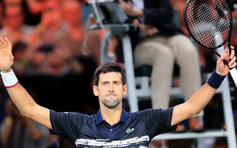 Serbia's Novak Djokovic celebrates after defeating Greece's Stefanos Tsitsipas in a quarterfinal match of the Paris Masters tennis tournament Friday, Nov. 1, 2019 in Paris. (AP Photo/Michel Euler)
