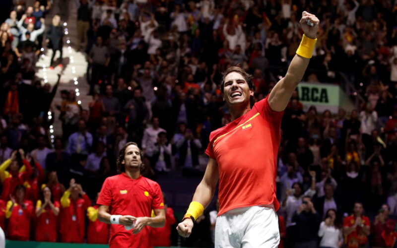 epa08020990 Spanish tennis player Rafa Nadal celebrated after win against British Jamie Murray and Neal Skupski during the third double match of the Davis Cup's semifinal between Spain and Great Britain at Caja Magica stadium in Madrid, Spain on 23 November 2019.  EPA/Juanjo Martin (MaxPPP TagID: epalivefour444849.jpg) [Photo via MaxPPP]