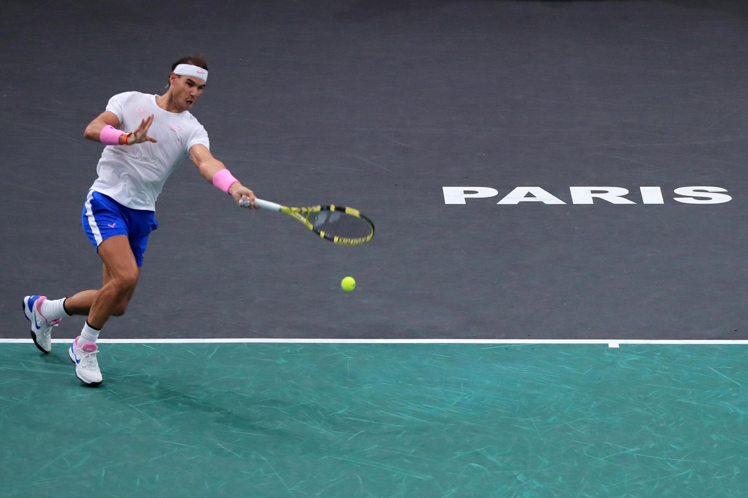 epa07965582 Rafael Nadal of Spain in action during his quarter final match against  Jo-Wilfried Tsonga of France  at the Rolex Paris Masters tennis tournament in Paris, France, 01 November 2019.  EPA/CHRISTOPHE PETIT TESSON