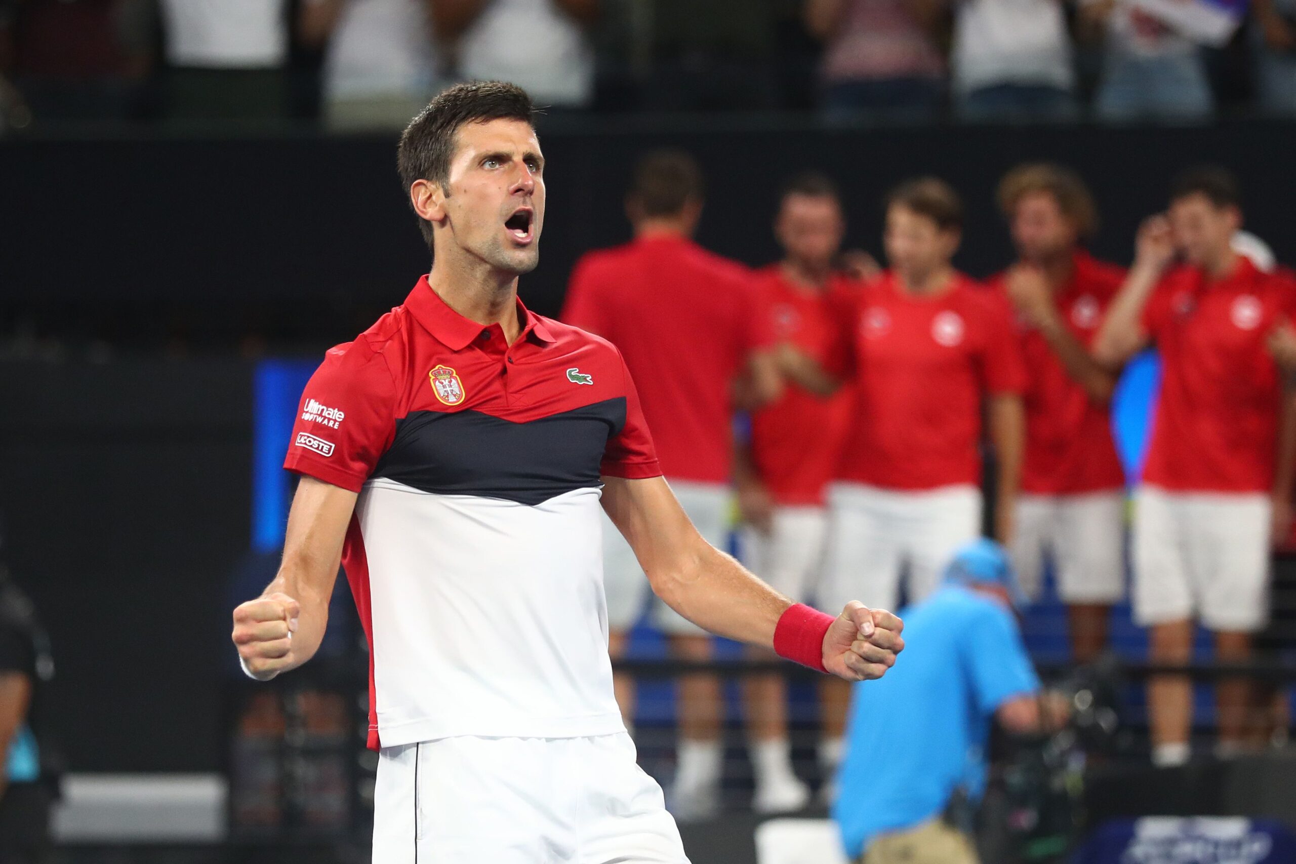 BRISBANE, AUSTRALIA - JANUARY 04: Novak Djokovic of Serbia celebrates winning his match against Kevin Anderson of South Africa during day two of the 2020 ATP Cup Group Stage at Pat Rafter Arena on January 04, 2020 in Brisbane, Australia. (Photo by Chris Hyde/Getty Images)