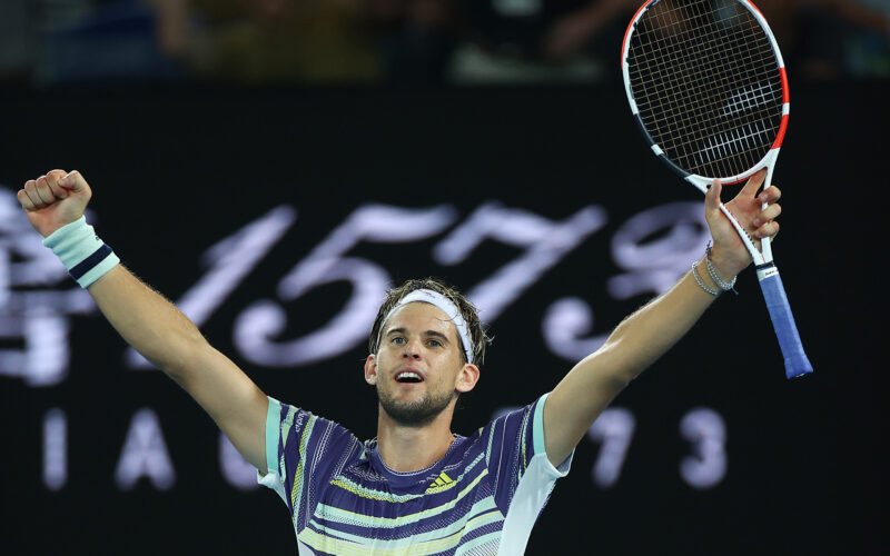MELBOURNE, AUSTRALIA - JANUARY 29: Dominic Thiem of Austria celebrates winning match point during his Mens Singles Quarterfinal match against Rafael Nadal of Spain on day ten of the 2020 Australian Open at Melbourne Park on January 29, 2020 in Melbourne, Australia. (Photo by Cameron Spencer/Getty Images)