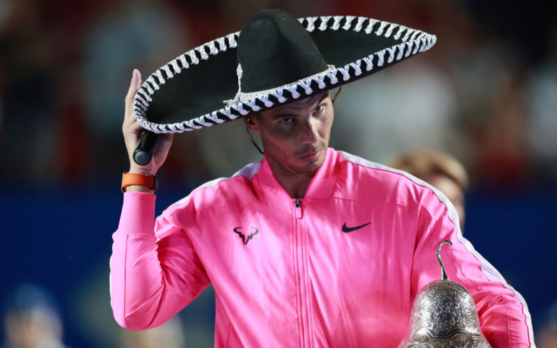 ACAPULCO, MEXICO - FEBRUARY 29: Rafael Nadal of Spain celebrates with the winner's trophy after defeating Taylor Fritz of the United States during Day 6 of the ATP Mexican Open at Princess Mundo Imperial on February 29, 2020 in Acapulco, Mexico. (Photo by Hector Vivas/Getty Images)