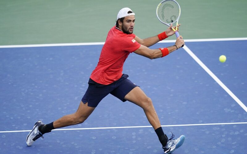 Matteo Berrettini, of Italy, returns a shot to Ugo Humbert, of France, during the second round of the US Open tennis championships, Thursday, Sept. 3, 2020, in New York. (AP Photo/Seth Wenig)