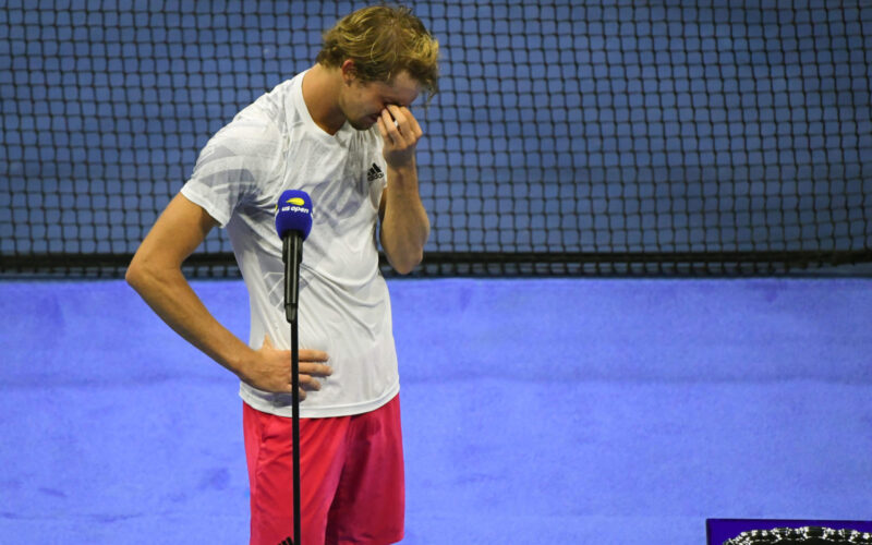 Sep 13, 2020; Flushing Meadows, New York, USA; Alexander Zverev of Germany gets emotional as he address the crowd for the runner-up in the men's singles final match against Dominic Thiem of Austria on day 14 of the 2020 U.S. Open tennis tournament at USTA Billie Jean King National Tennis Center. Mandatory Credit: Robert Deutsch-USA TODAY Sports