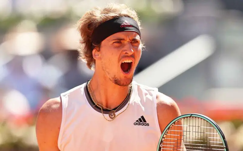 MADRID, SPAIN - MAY 07: Alexander Zverev of Germany celebrates after breaking serve during their Quarter Final match against Rafael Nadal of Spain during Day Nine of the Mutua Madrid Open at La Caja Magica on May 07, 2021 in Madrid, Spain. (Photo by Clive Brunskill/Getty Images)