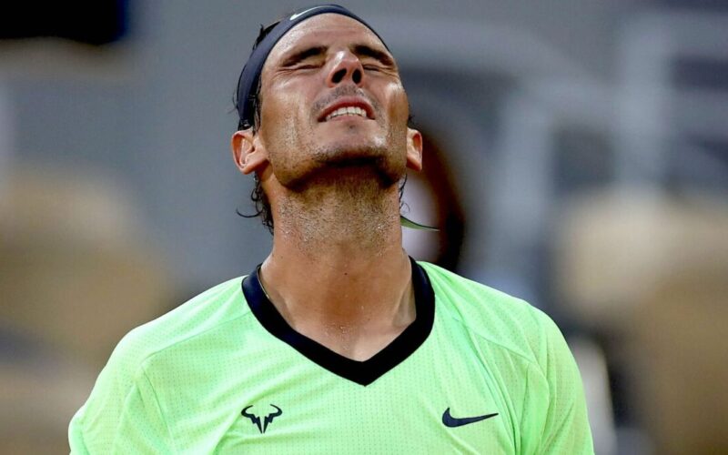 Tennis - French Open - Roland Garros, Paris, France - June 11, 2021 Spain's Rafael Nadal reacts during his semi final match against Serbia's Novak Djokovic