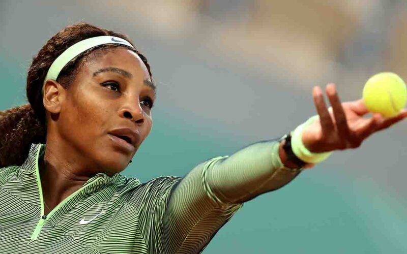 PARIS, FRANCE - MAY 31: Serena Williams of The United States serves in their ladies singles first round match against Irina-Camelia Begu of Romania on day two of the 2021 French Open at Roland Garros on May 31, 2021 in Paris, France. (Photo by Clive Brunskill/Getty Images)