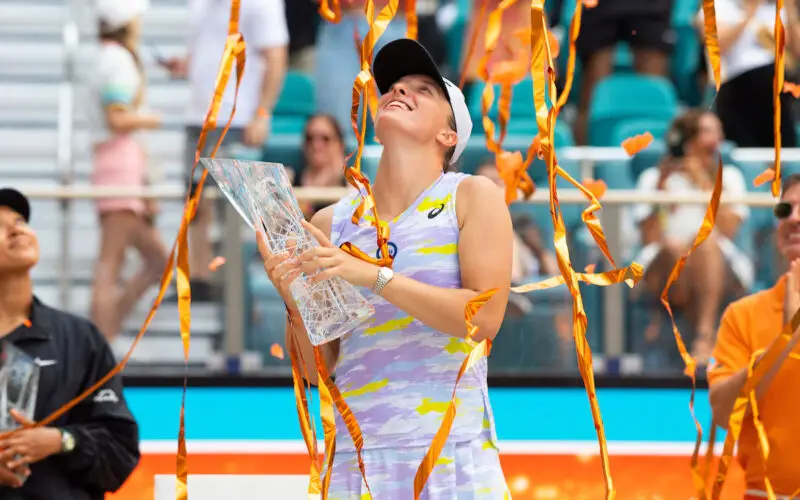 Iga Swiatek of Poland during the trophy ceremony after winning the women’s singles finals of the Miami Open Tennis tournament on Saturday, April 2, 2022 in Miami Gardens, Fla. (South Florida Stadium via AP)