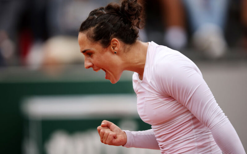 PARIS, FRANCE - MAY 27: Martina Trevisan of Italy celebrates a point against Daria Saville of Australia during the Women's Singles Third Round match on Day 6 of The 2022 French Open at Roland Garros on May 27, 2022 in Paris, France. (Photo by Adam Pretty/Getty Images)