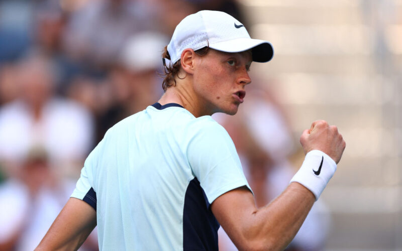 NEW YORK, NEW YORK - AUGUST 30: Jannik Sinner of Italy celebrates a point against Daniel Altmaier of Germany in their Men's Singles First Round match on Day Two of the 2022 US Open at USTA Billie Jean King National Tennis Center on August 30, 2022 in the Flushing neighborhood of the Queens borough of New York City. (Photo by Elsa/Getty Images)