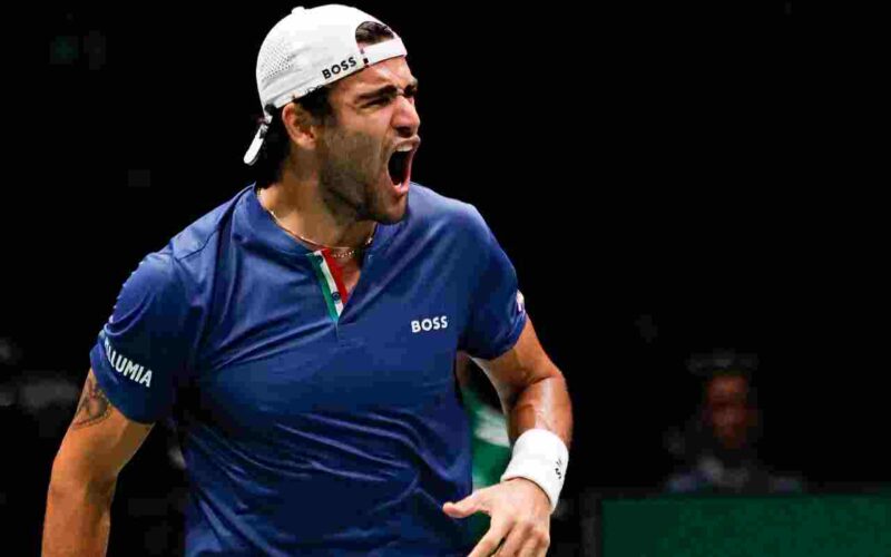 Italian tennis player  Matteo Berrettini in action against Croatian player Borna Coric during the match of Davis Cup by Rakuten Final Group Stage A at Unipol Arena in Casalecchio (Bologna) Italy, 14 September 2022. ANSA /ELISABETTA BARACCHI