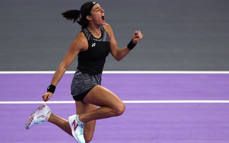 FORT WORTH, TEXAS - NOVEMBER 06: Caroline Garcia of France celebrates after defeating Maria Sakkari of Greece in their Women's Singles Semifinal match during the 2022 WTA Finals, part of the Hologic WTA Tour, at Dickies Arena on November 06, 2022 in Fort Worth, Texas. (Photo by Tom Pennington/Getty Images)