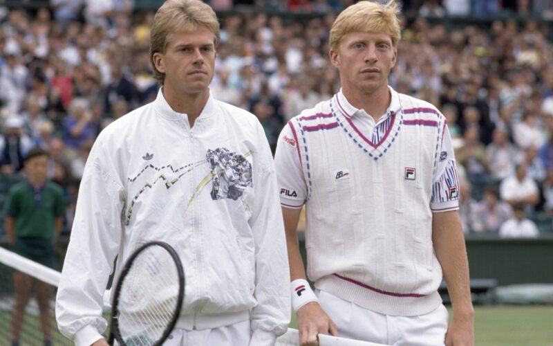 Boris Becker of West Germany (right) and Stefan Edberg of Sweden prior to their men's singles championship final at Wimbledon on 9th July 1989.  Becker defeated Edberg in straight sets to win his third and last Wimbledon title. (Photo by Professional Sport/Popperfoto/Getty Images)