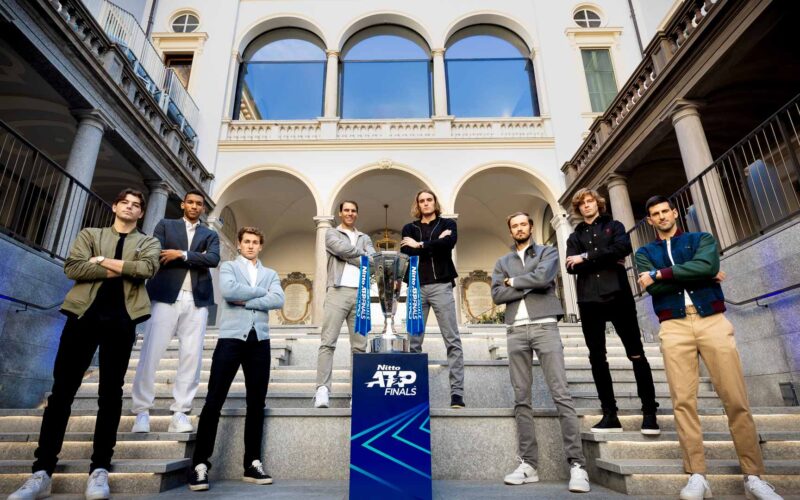 Taylor Fritz, Felix Auger-Aliassime, Casper Ruud, Rafael Nadal, Stefanos Tsitsipas, Daniil Medvedev, Andrey Rublev and Novak Djokovic pose for the official group photo of the 2022 Nitto ATP Finals.