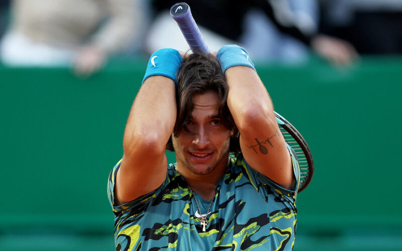 MONTE-CARLO, MONACO - APRIL 13:  Lorenzo Musetti of Italy celebrates after his three set victory against Novak Djokovic of Serbia in their third round match during day five of the Rolex Monte-Carlo Masters at Monte-Carlo Country Club on April 13, 2023 in Monte-Carlo, Monaco. (Photo by Clive Brunskill/Getty Images)