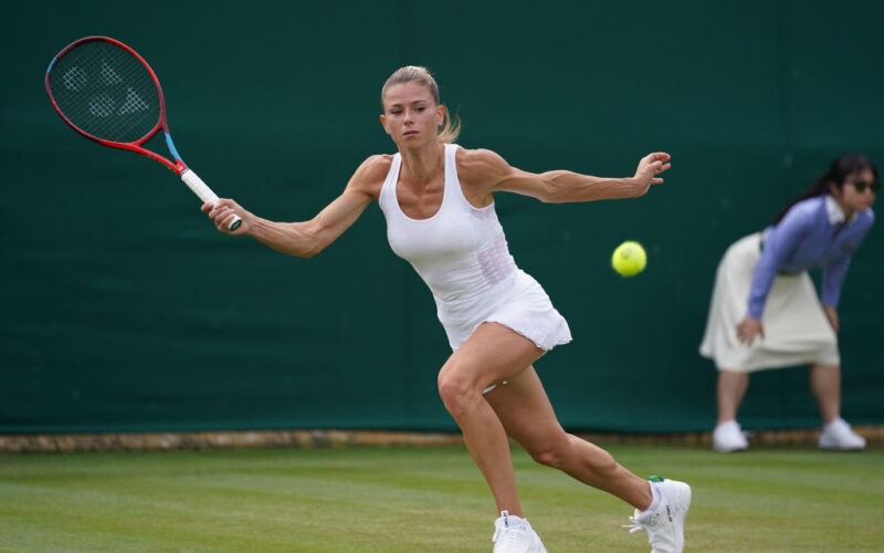 LONDON, ENGLAND - JULY 01: Camila Giorgi of Italy plays a forehand during her Ladies' Singles Second Round match against Karolina Muchova of Czech Republic during Day Four of The Championships - Wimbledon 2021 at All England Lawn Tennis and Croquet Club on July 01, 2021 in London, England. (Photo by Adam Davy - Pool/Getty Images)