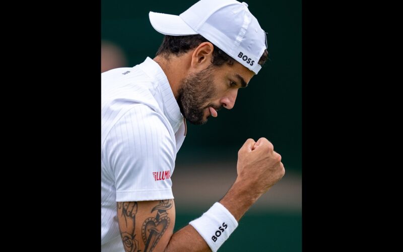 Matteo Berrettini (ITA) celebrates a point against Lorenzo Sonego (ITA) in the first round of the Gentlemen's Singles. AELTC/Edward Whitaker