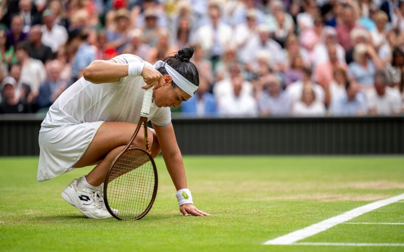 Ons Jabeur (TUN) reacts during her match against Marketa Vondrousova (CZE) in the final of the Ladies' Singles on Centre Court. AELTC/Joel Marklund