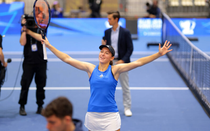 SEVILLE, SPAIN - NOVEMBER 10: Kaja Juvan of Team Slovenia during the Billie Jean King Cup Finals group stage match between Kazakhstan and Slovenia at Estadio de La Cartuja on November 10, 2023 in Seville, Spain. (Photo by Fran Santiago/Getty Images for ITF)