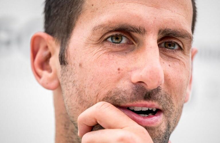 Serbian tennis player Novak Djokovic speaks during a press conference on the eve of his first match at the ATP 250 Geneva Open tennis tournament, in Geneva, on May 21, 2024. (Photo by Fabrice COFFRINI / AFP) (Photo by FABRICE COFFRINI/AFP via Getty Images)