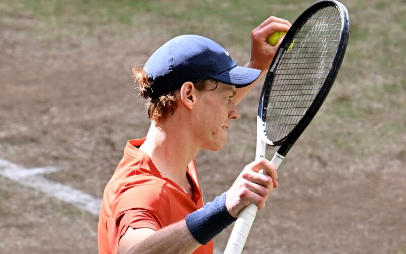 Italy's Jannik Sinner reacts as he defeats Poland's Hubert Hurkacz in the men's singles final tennis match of the ATP 500 Halle Open tennis tournament in Halle, western Germany on June 23, 2024. (Photo by CARMEN JASPERSEN / AFP) (Photo by CARMEN JASPERSEN/AFP via Getty Images)