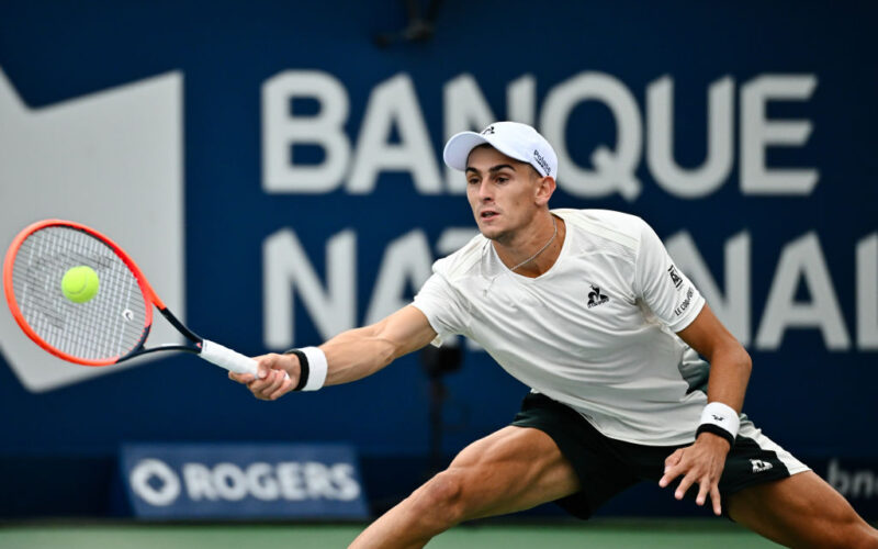 MONTREAL, CANADA - AUGUST 11:  Matteo Arnaldi of Italy plays a forehand against Andrey Rublev in the Men's Singles semifinal round match during Day Six of the ATP Masters 1000 National Bank Open at Stade IGA on August 11, 2024 in Montreal, Canada.  (Photo by Minas Panagiotakis/Getty Images)