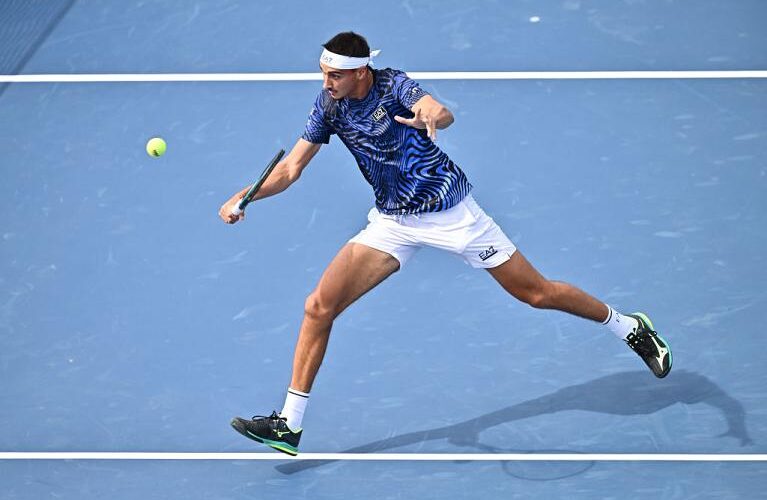 MONTREAL, CANADA - AUGUST 06:  Lorenzo Sonego of Italy plays a backhand against Tallon Griekspoor of Netherlands in the Men's Singles first round match during Day One of the ATP Masters 1000 National Bank Open at Stade IGA on August 6, 2024 in Montreal, Canada.  (Photo by Minas Panagiotakis/Getty Images)