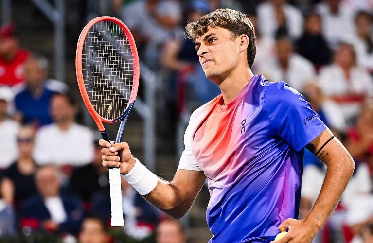 MONTREAL, CANADA - AUGUST 07: Flavio Cobolli of Italy celebrates a 6-3, 6-2 win against Felix Auger-Aliassime of Canada in the Men's Singles first round match during Day Two of the ATP Masters 1000 National Bank Open at Stade IGA on August 7, 2024 in Montreal, Canada.  (Photo by Minas Panagiotakis/Getty Images)