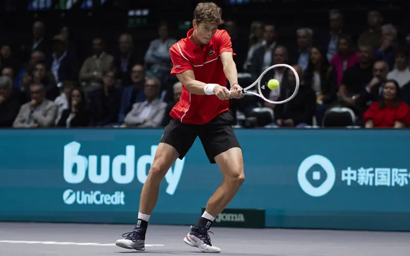 BOLOGNA, ITALY - SEPTEMBER 13: Alexander Blockx of Belgium in action during 2024 Davis Cup Finals Group Stage Bologna match between Italy and Belgium at Unipol Arena on September 13, 2024 in Bologna, Italy. (Photo by Emmanuele Ciancaglini/Getty Images for ITF)