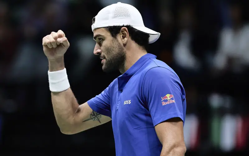 BOLOGNA, ITALY - SEPTEMBER 13: Matteo Berrettini of Italy celebrates during 2024 Davis Cup Finals Group Stage Bologna match between Italy and Belgium at Unipol Arena on September 13, 2024 in Bologna, Italy. (Photo by Emmanuele Ciancaglini/Getty Images for ITF)
