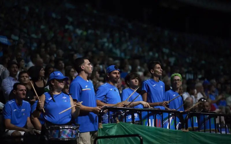 BOLOGNA, ITALY - SEPTEMBER 11: Italian supporters during the 2024 Davis Cup Finals Group Stage Bologna match between the Italy and Brazil at Unipol Arena on September 11, 2024 in Bologna, Italy. (Photo by Emmanuele Ciancaglini/Getty Images for ITF)