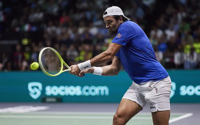 BOLOGNA, ITALY - SEPTEMBER 11: Matteo Berrettini of Italy in action during the 2024 Davis Cup Finals Group Stage Bologna match between the Italy and Brazil at Unipol Arena on September 11, 2024 in Bologna, Italy. (Photo by Emmanuele Ciancaglini/Getty Images for ITF)