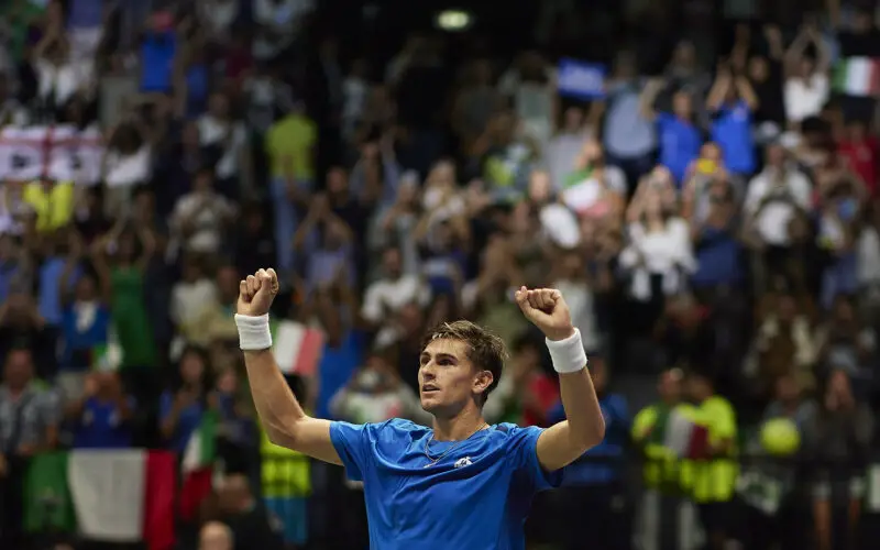 BOLOGNA, ITALY - SEPTEMBER 11: Matteo Arnaldi of Italy celebrates after winning during the 2024 Davis Cup Finals Group Stage Bologna match between the Italy and Brazil at Unipol Arena on September 11, 2024 in Bologna, Italy. (Photo by Emmanuele Ciancaglini/Getty Images for ITF)