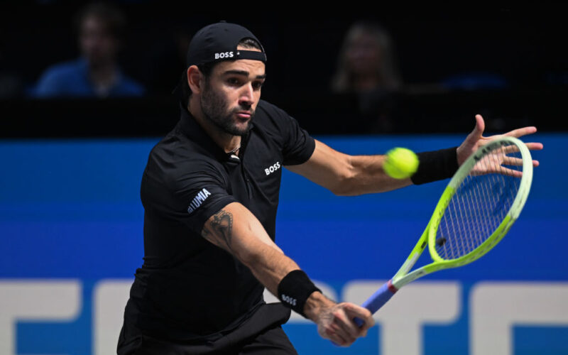 VIENNA, AUSTRIA - OCTOBER 25: Matteo Berrettini of Italy plays a backhand against Karen Khachanov during their quarter final match during day five of the Erste Bank Open 2024 at Wiener Stadthalle on October 25, 2024 in Vienna, Austria. (Photo by Thomas Kronsteiner/Getty Images)